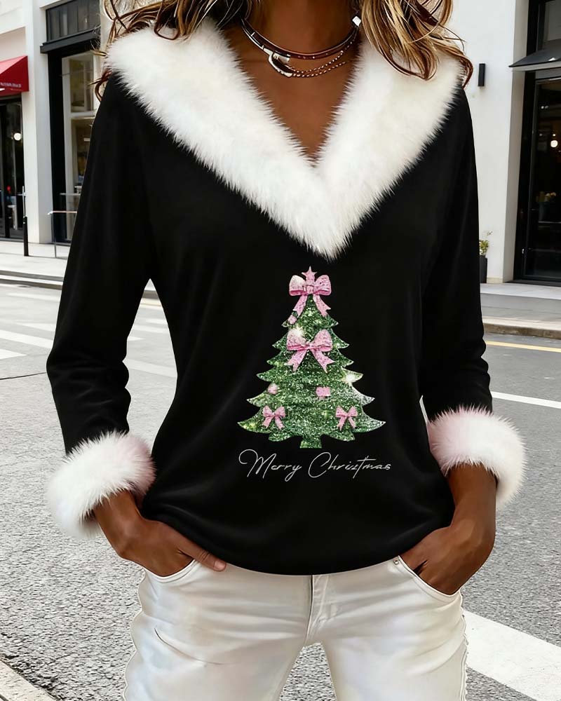 Women's Christmas jumper with faux fur trim V-neckline, faux fur cuffs and sparkly Christmas tree print - view 9