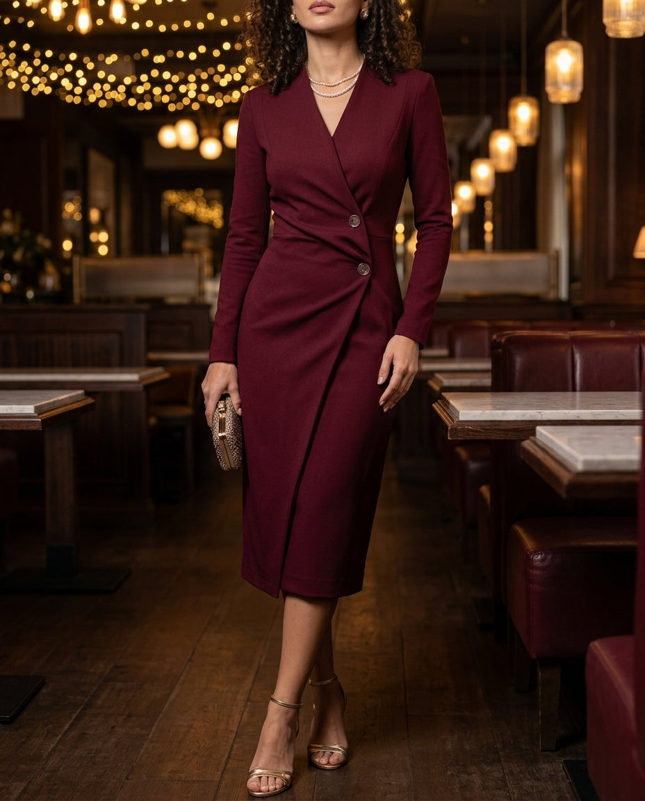 Ivy wrap button front midi dress - front view