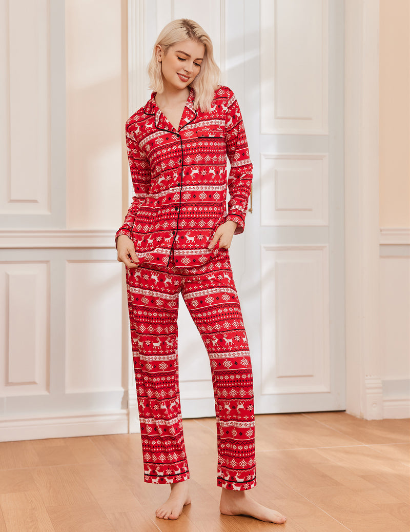 Women's long sleeve Christmas pajama set with notch collar, button front and contrast piping