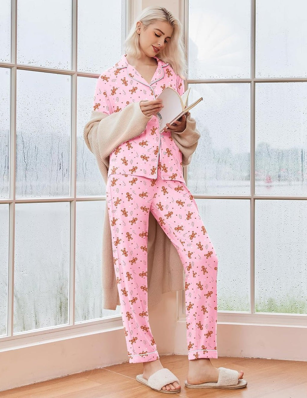 Women's long sleeve Christmas pajama set with notch collar, button front and contrast piping - view 10
