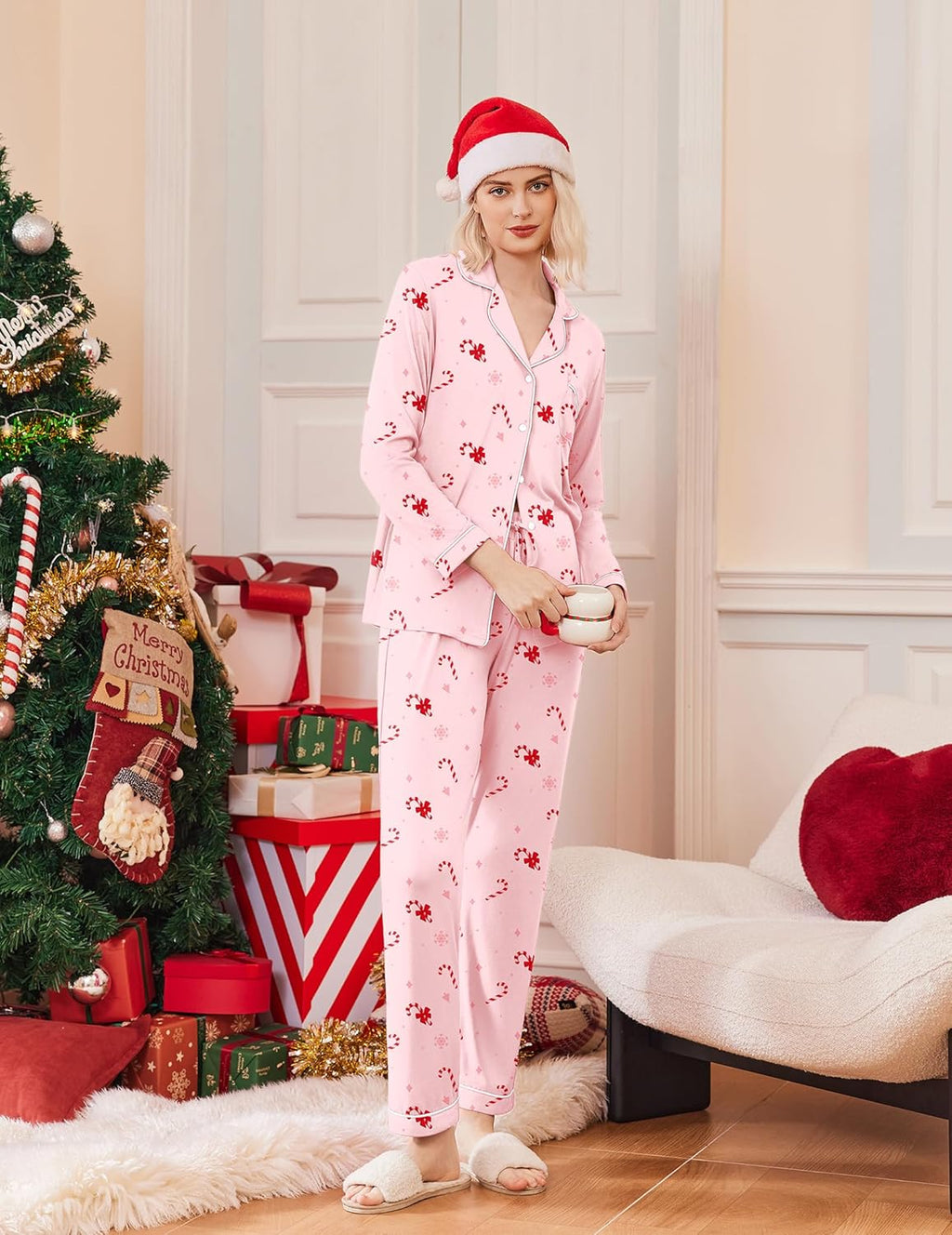 Women's long sleeve Christmas pajama set with notch collar, button front and contrast piping - view 12