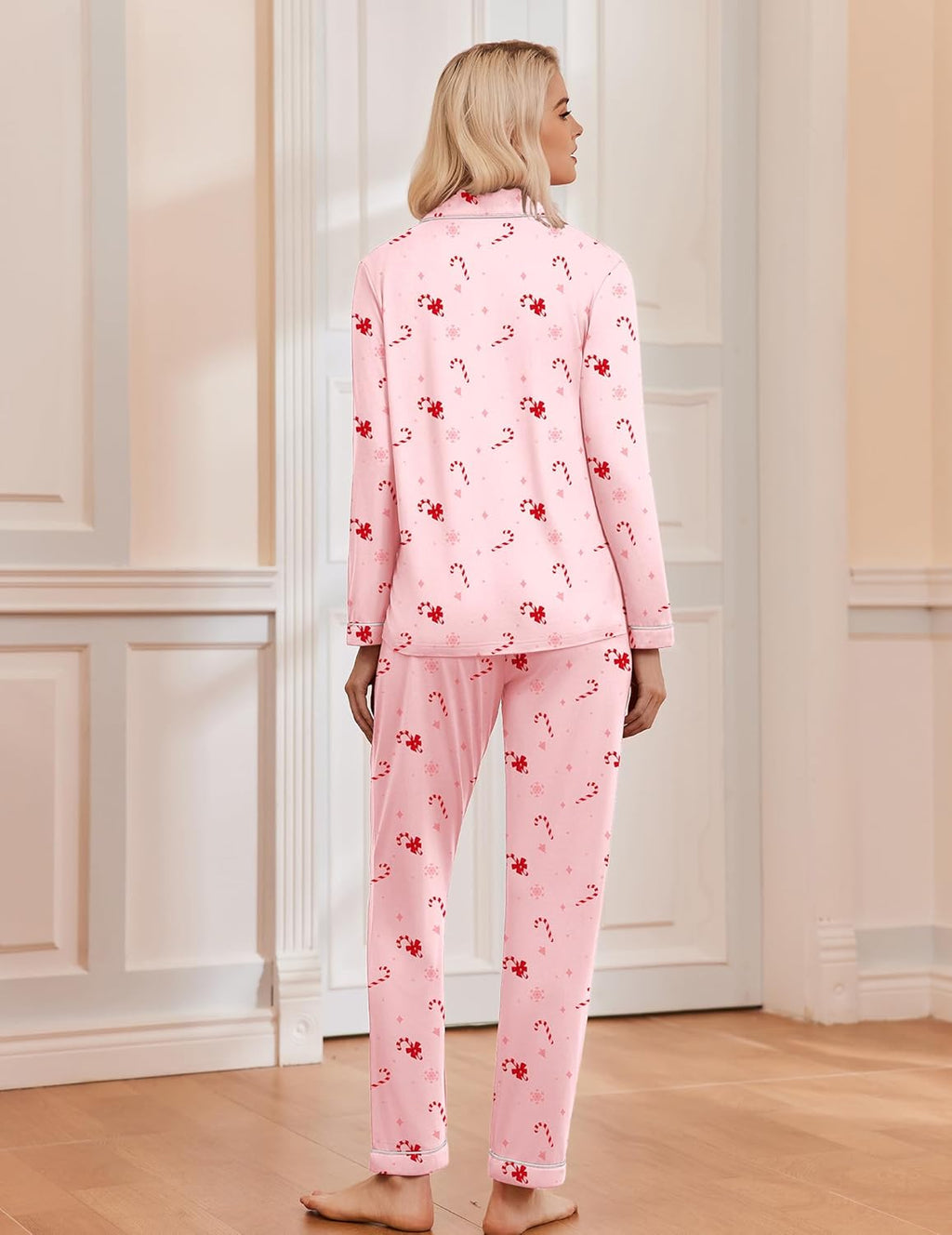 Women's long sleeve Christmas pajama set with notch collar, button front and contrast piping - view 13