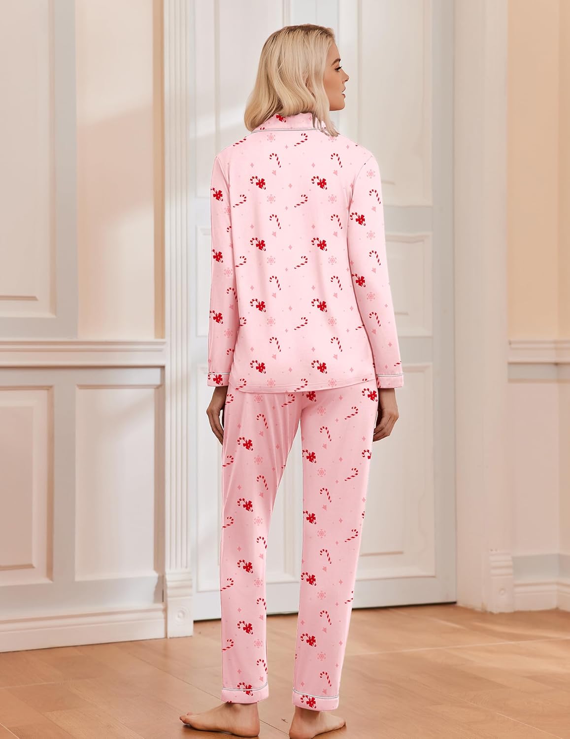 Women's long sleeve Christmas pajama set with notch collar, button front and contrast piping - view 13