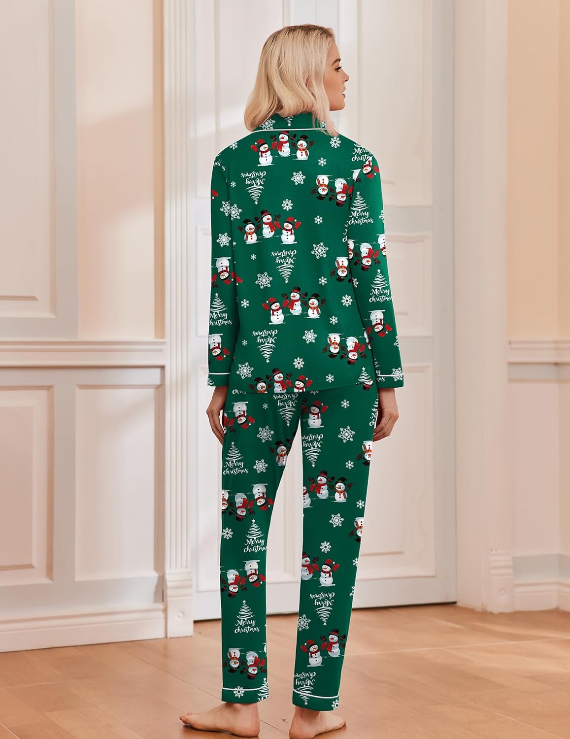 Women's long sleeve Christmas pajama set with notch collar, button front and contrast piping - view 17
