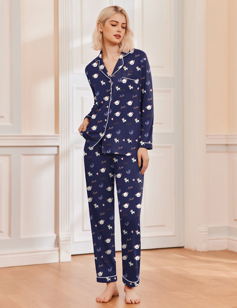 Women's long sleeve Christmas pajama set with notch collar, button front and contrast piping - view 2