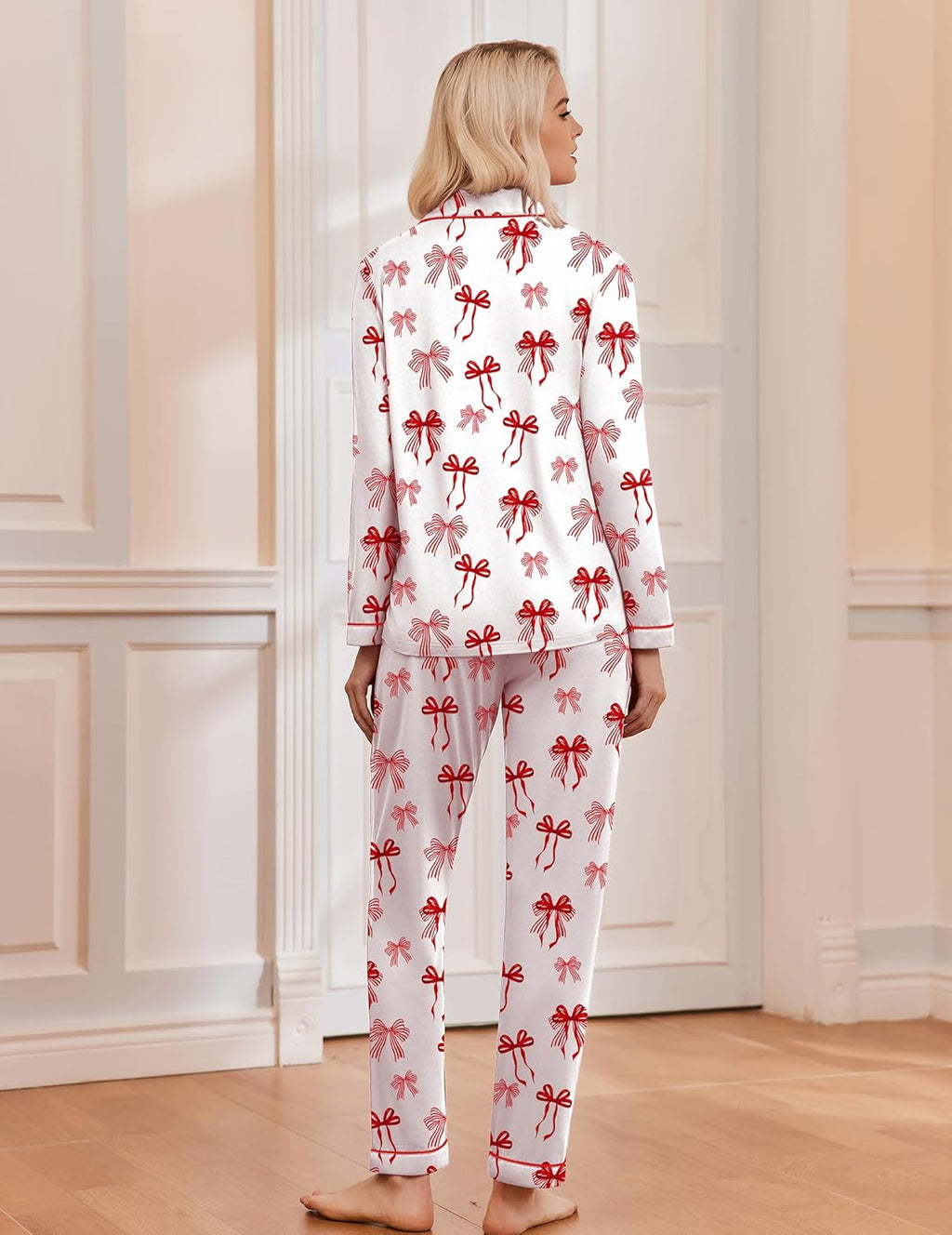 Women's long sleeve Christmas pajama set with notch collar, button front and contrast piping - view 21