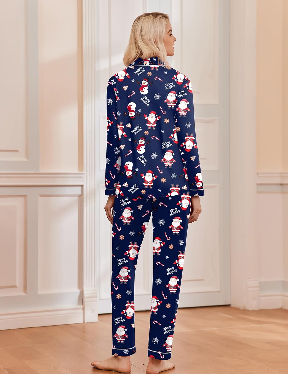 Women's long sleeve Christmas pajama set with notch collar, button front and contrast piping - view 25