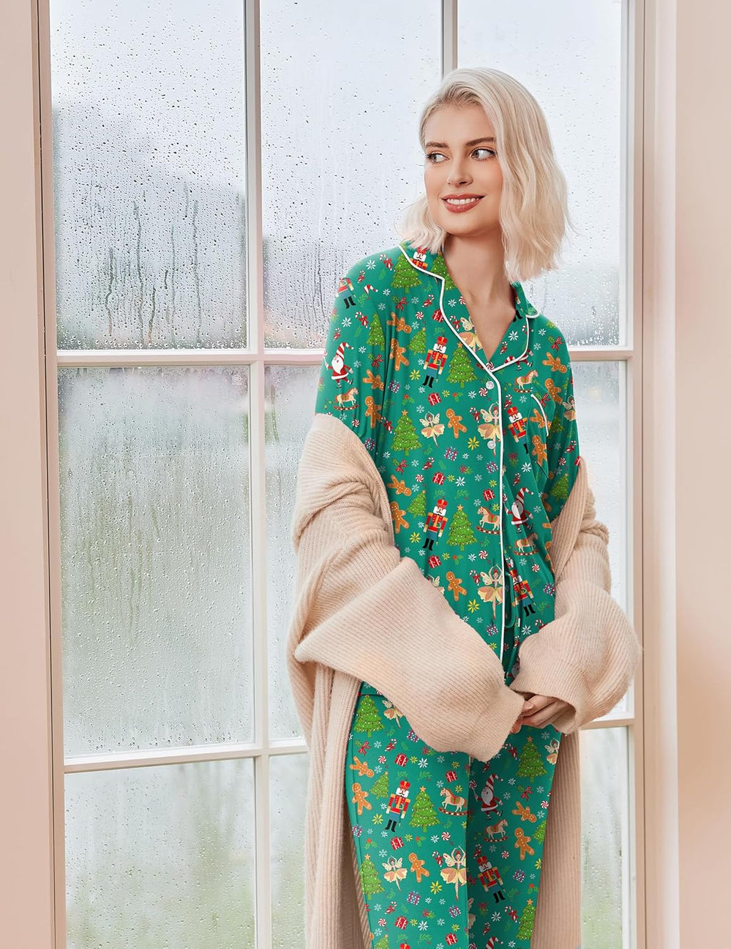 Women's long sleeve Christmas pajama set with notch collar, button front and contrast piping - view 27