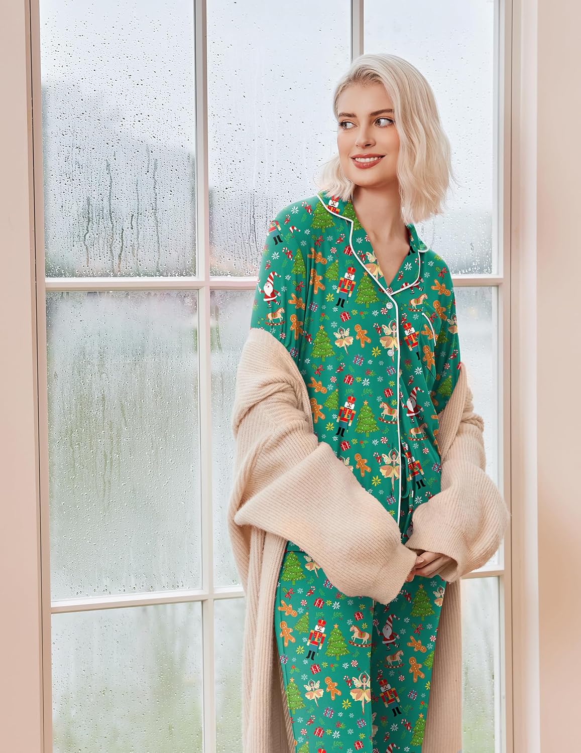 Women's long sleeve Christmas pajama set with notch collar, button front and contrast piping - view 27