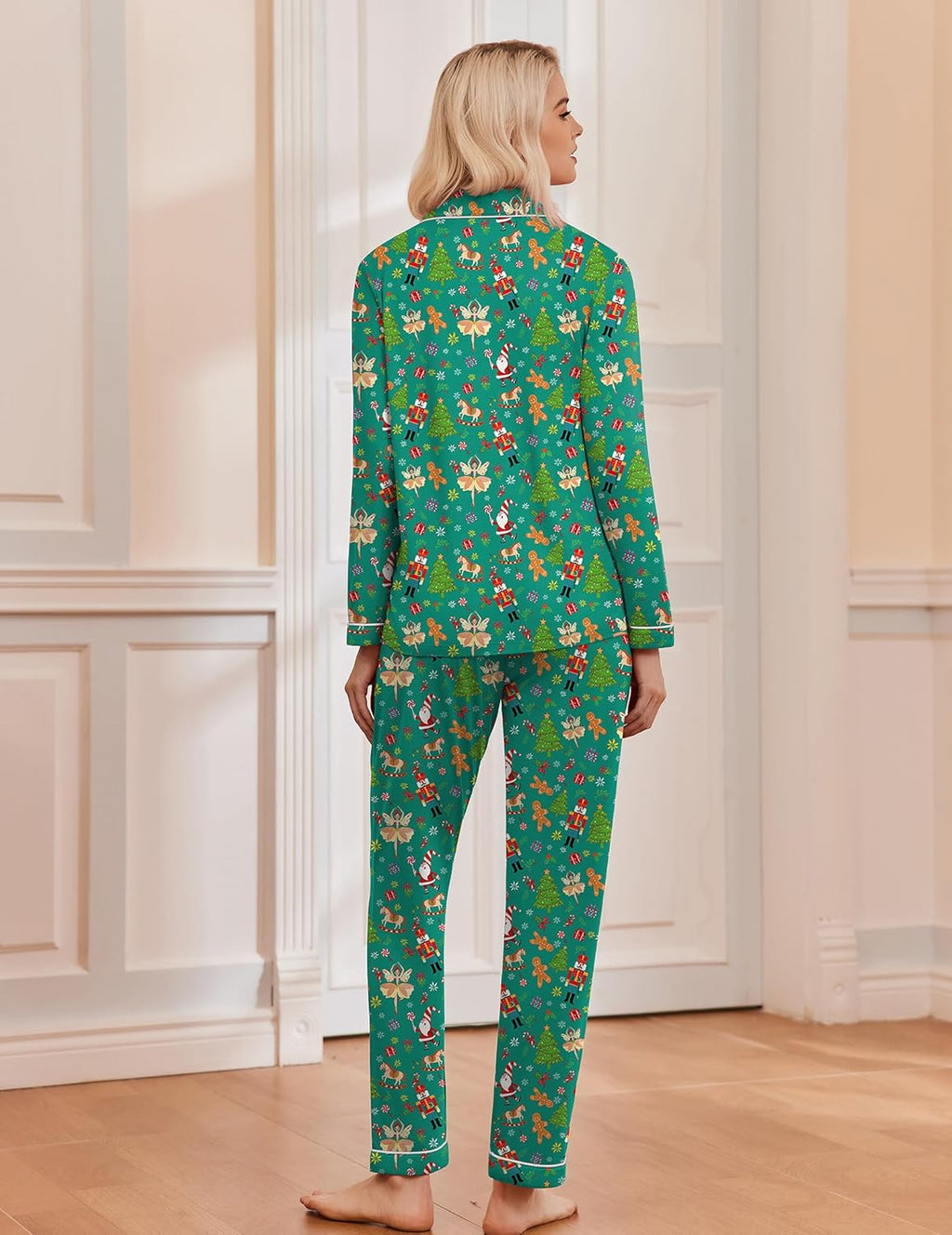 Women's long sleeve Christmas pajama set with notch collar, button front and contrast piping - view 28