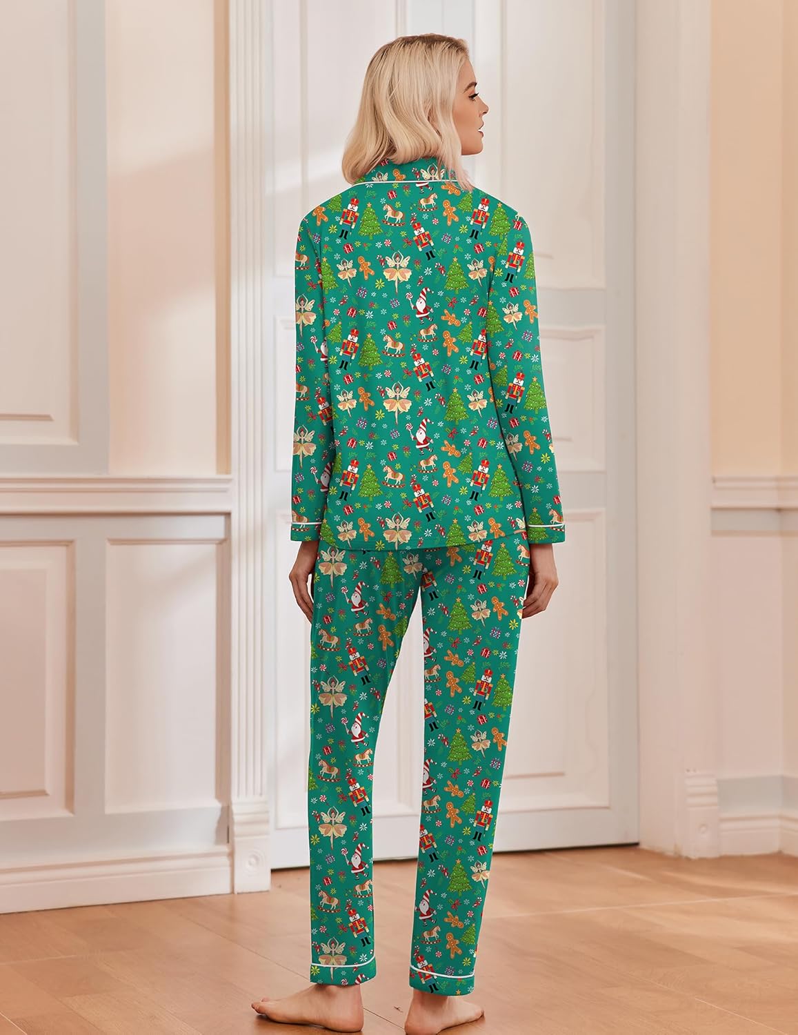 Women's long sleeve Christmas pajama set with notch collar, button front and contrast piping - view 28
