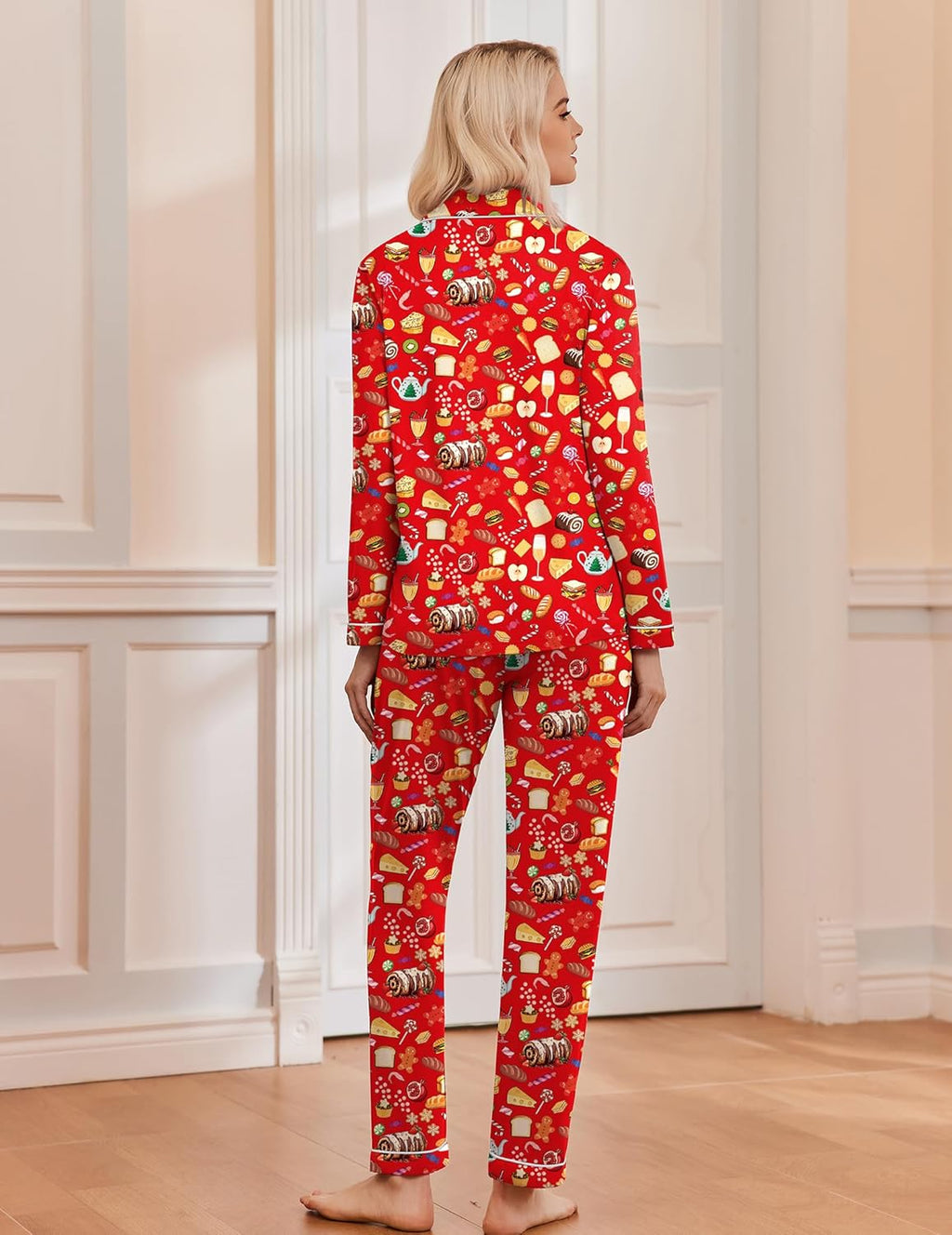 Women's long sleeve Christmas pajama set with notch collar, button front and contrast piping - view 31