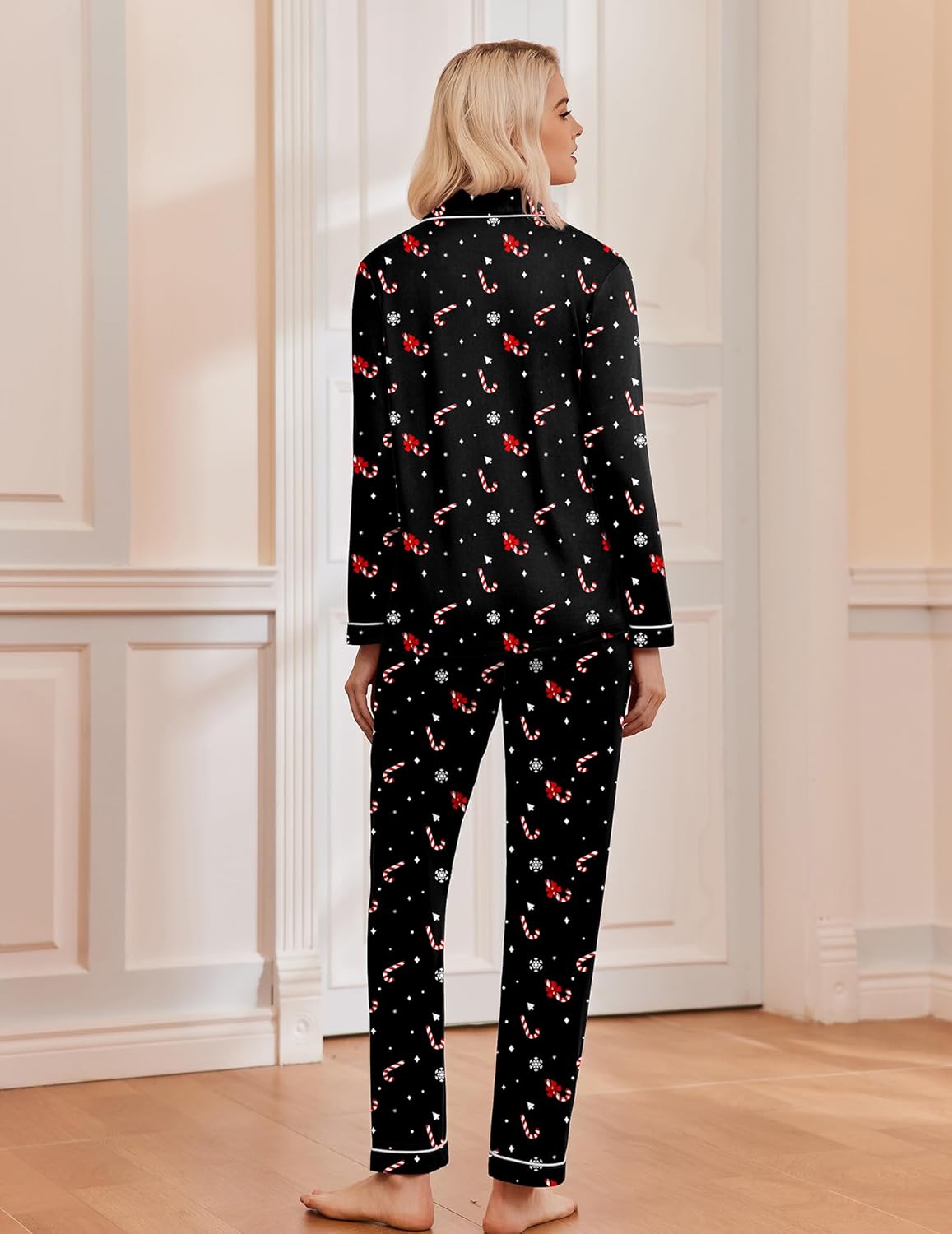 Women's long sleeve Christmas pajama set with notch collar, button front and contrast piping - view 34