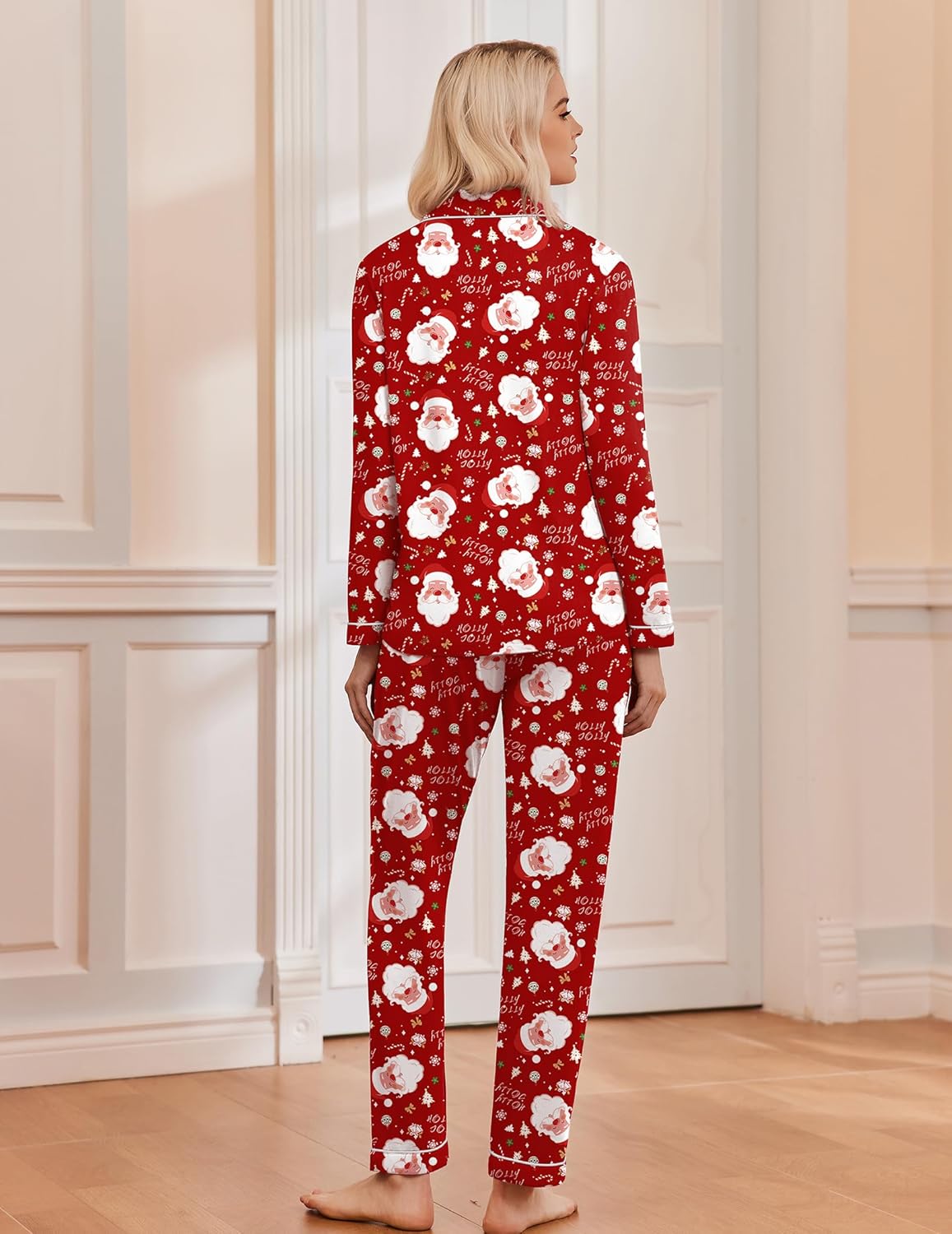 Women's long sleeve Christmas pajama set with notch collar, button front and contrast piping - view 36