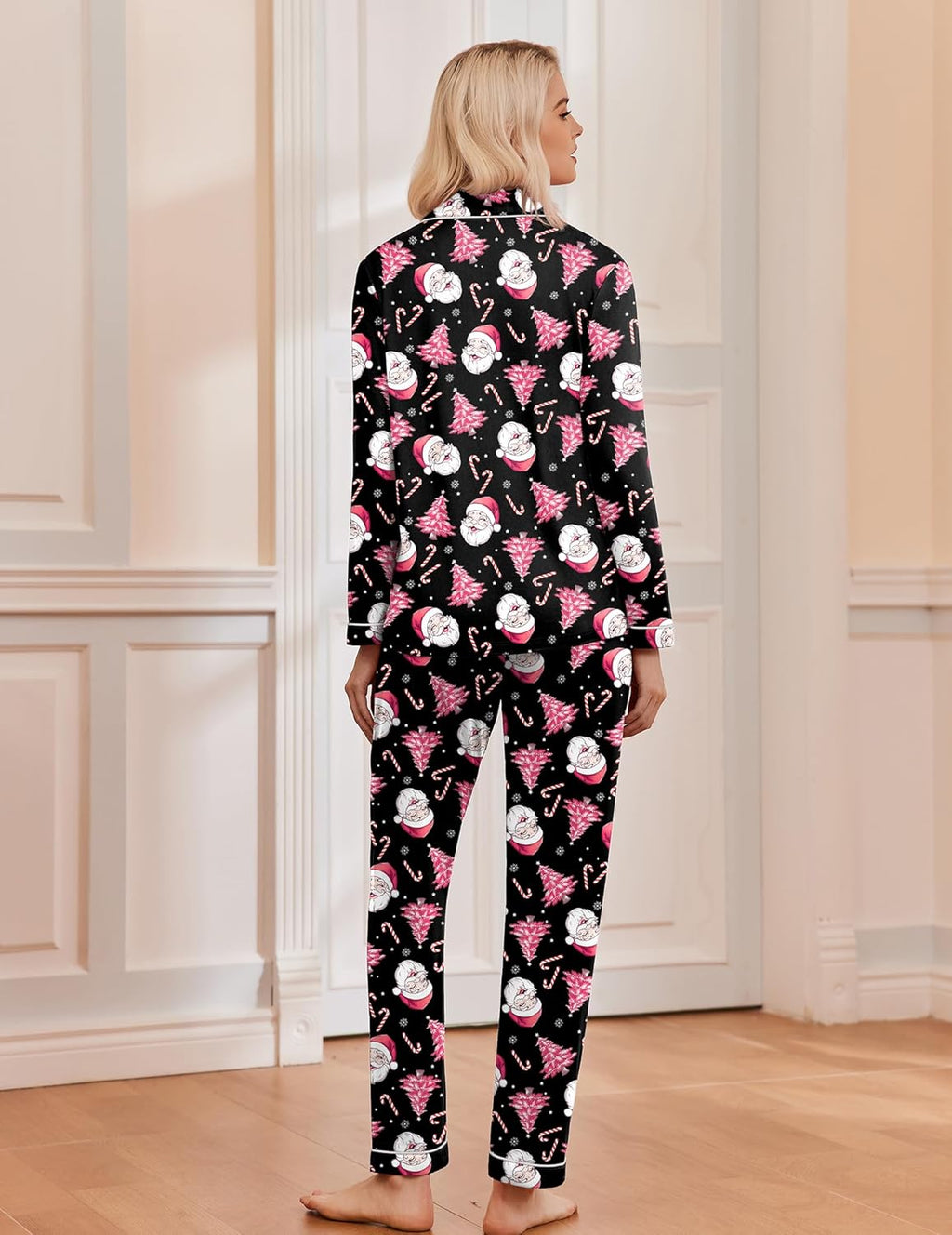 Women's long sleeve Christmas pajama set with notch collar, button front and contrast piping - view 38
