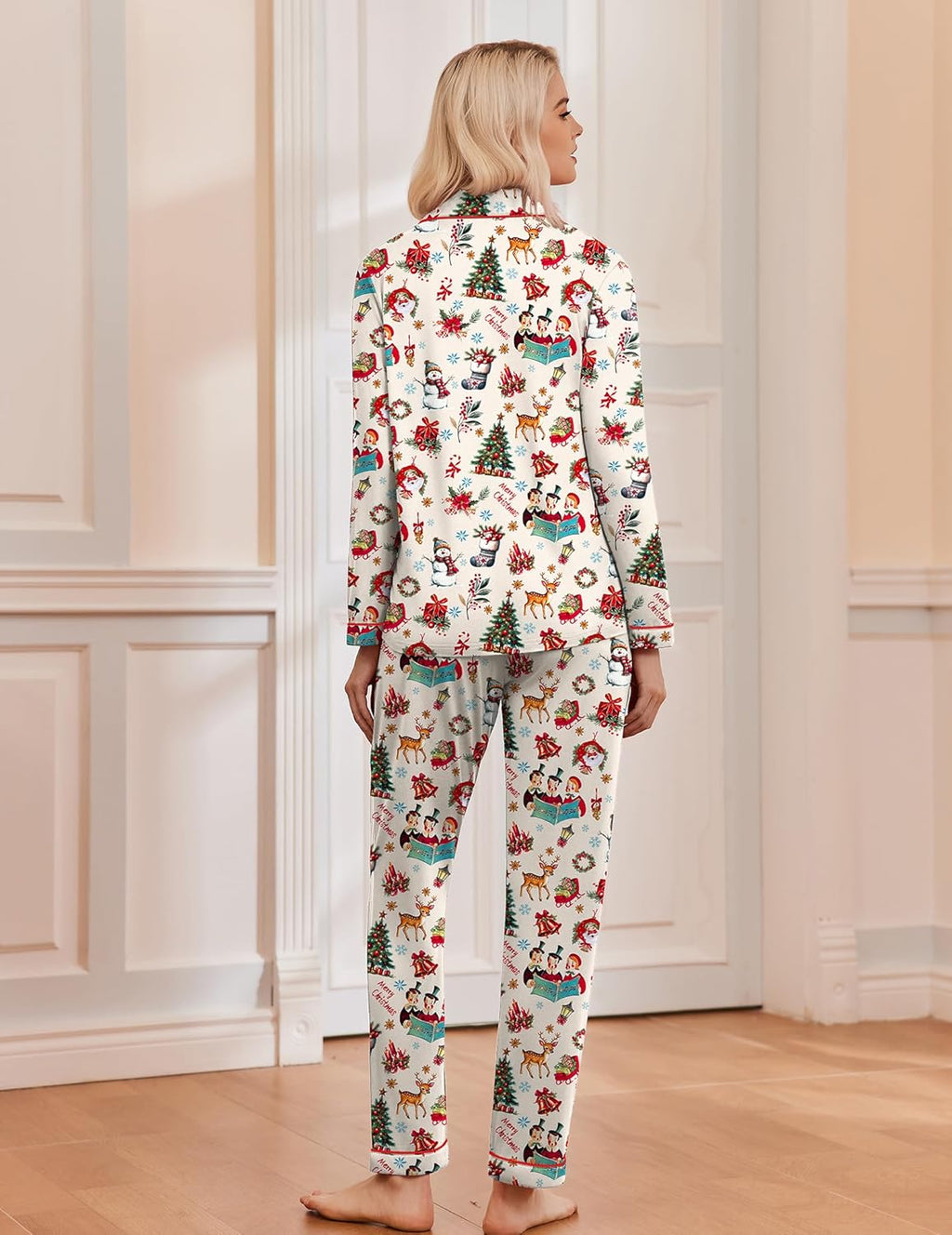 Women's long sleeve Christmas pajama set with notch collar, button front and contrast piping - view 40