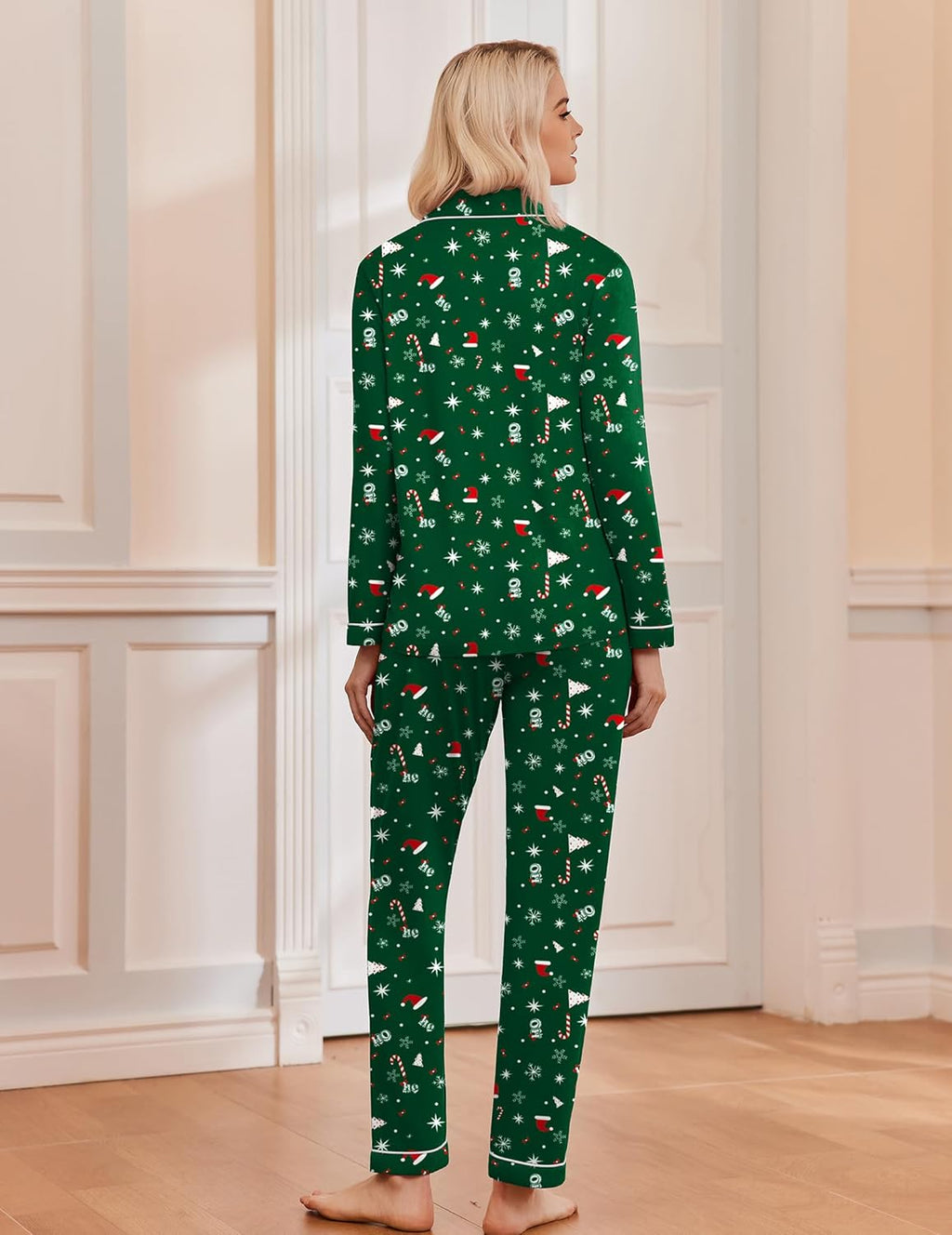 Women's long sleeve Christmas pajama set with notch collar, button front and contrast piping - view 42