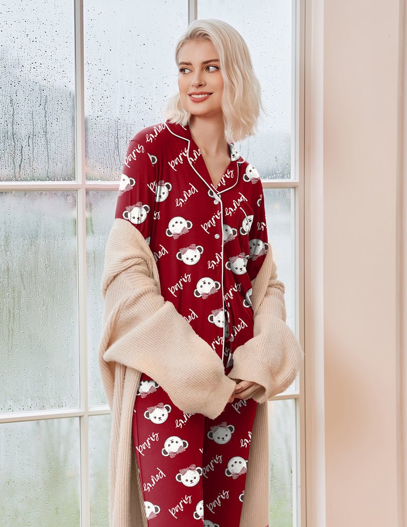 Women's long sleeve Christmas pajama set with notch collar, button front and contrast piping - view 44