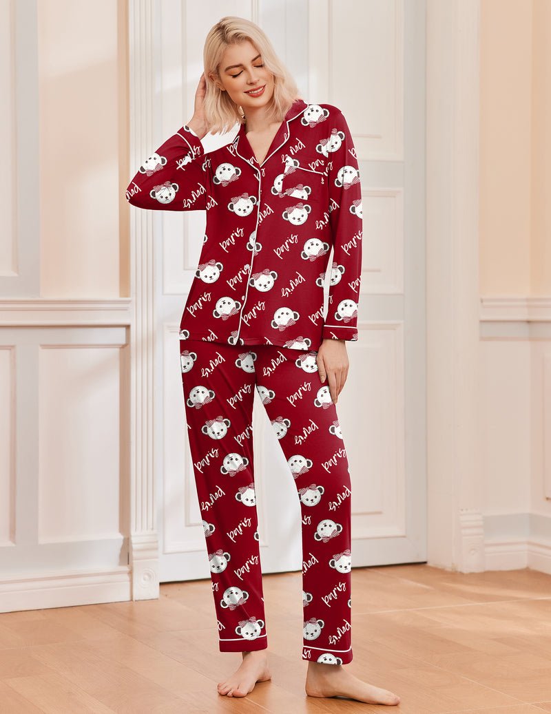 Women's long sleeve Christmas pajama set with notch collar, button front and contrast piping - view 45