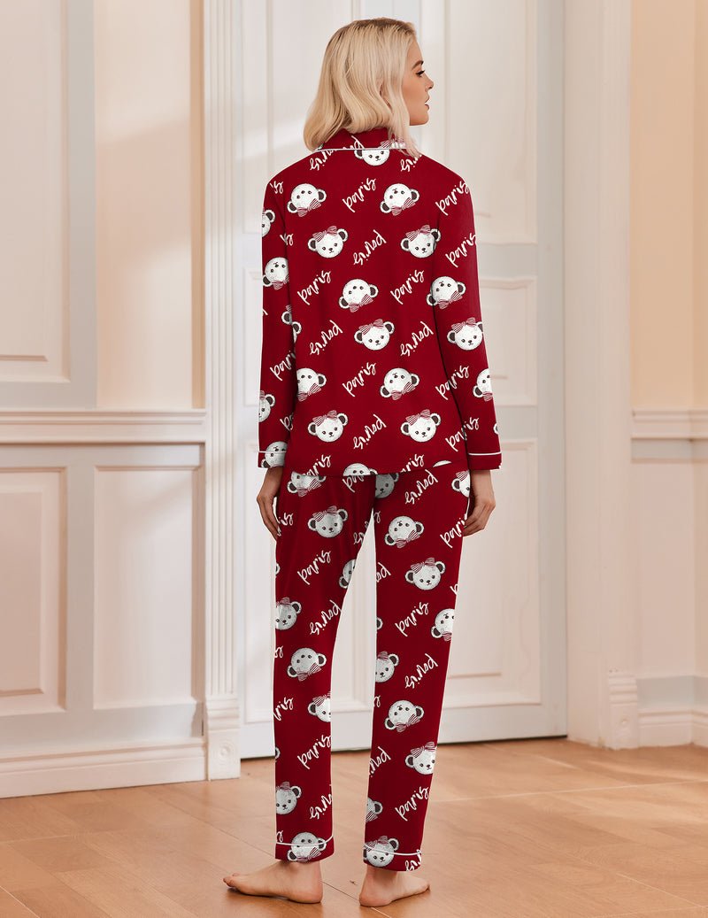 Women's long sleeve Christmas pajama set with notch collar, button front and contrast piping - view 46
