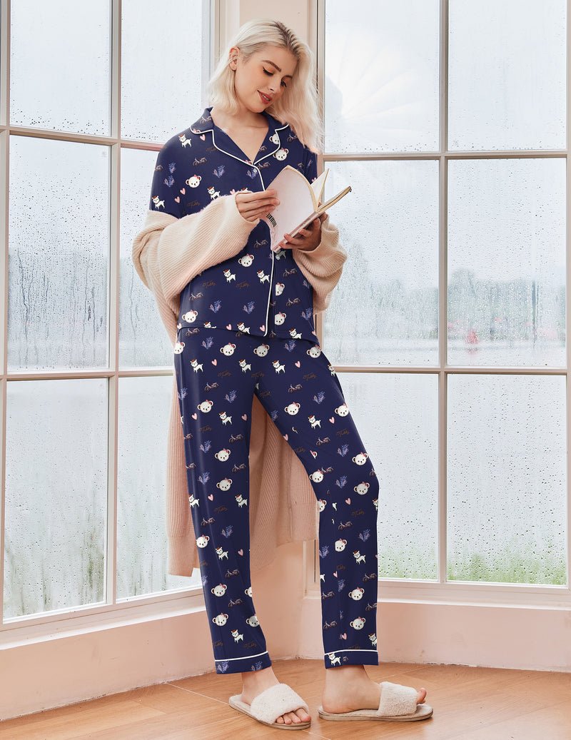 Women's long sleeve Christmas pajama set with notch collar, button front and contrast piping - view 6