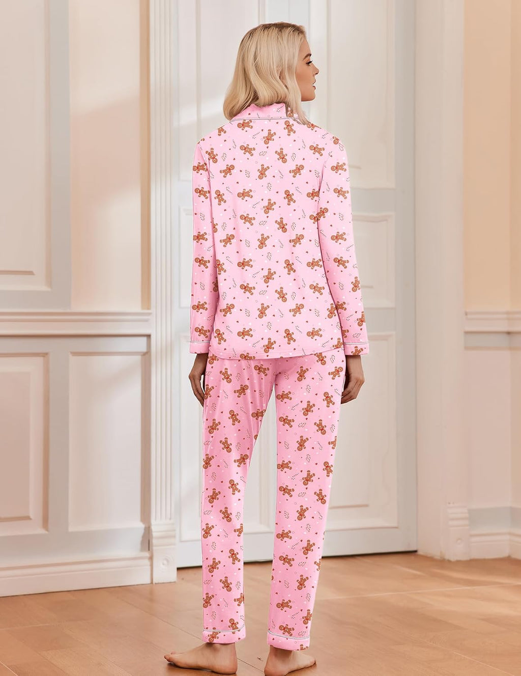 Women's long sleeve Christmas pajama set with notch collar, button front and contrast piping - view 8