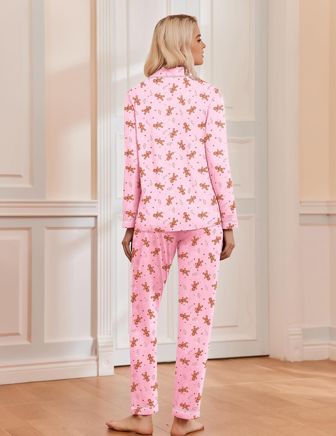 Women's long sleeve Christmas pajama set with notch collar, button front and contrast piping - view 8