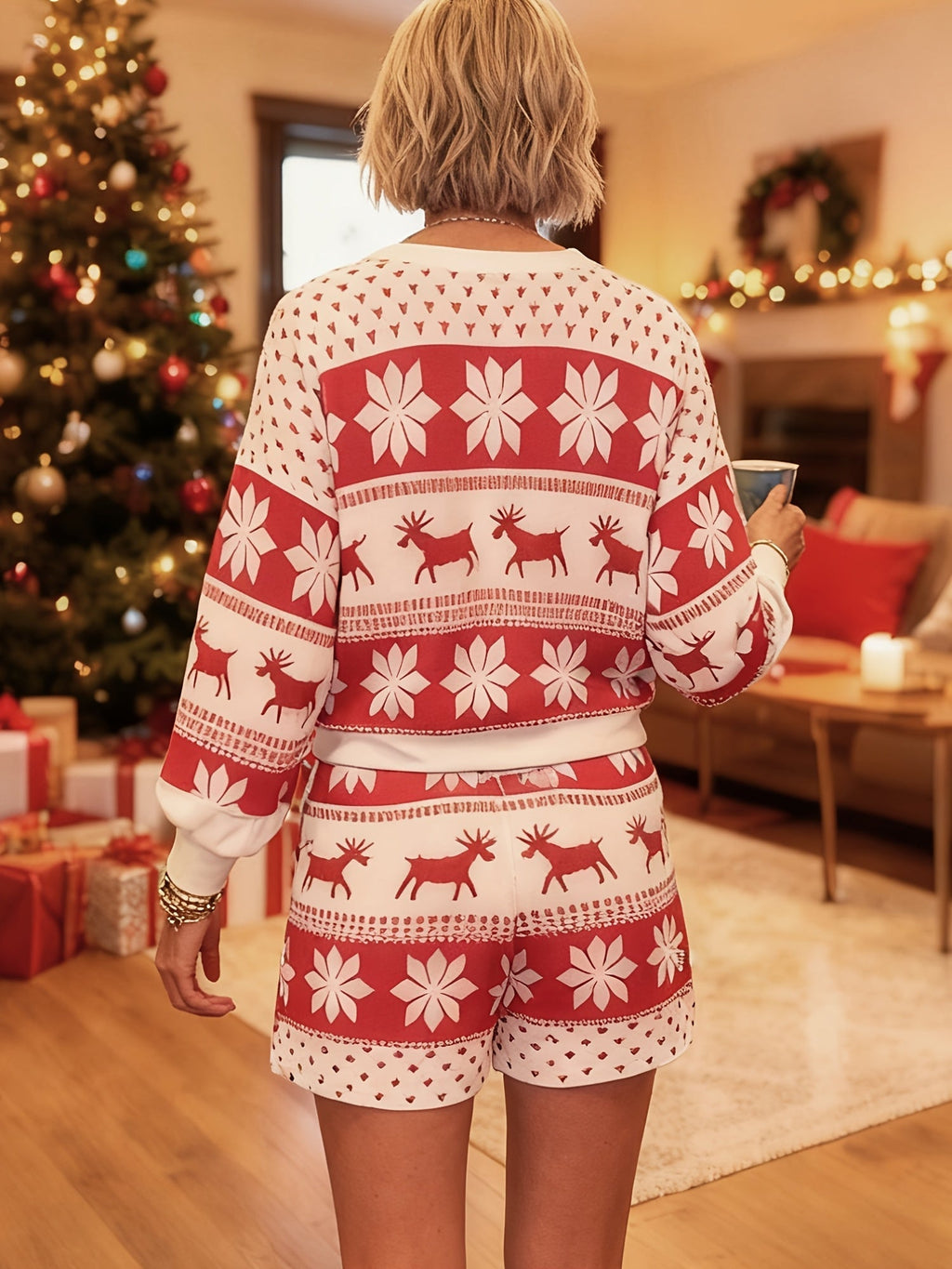 Red and white fair isle reindeer and snowflake Christmas pajama set with long sleeve top and drawstring shorts - view 2