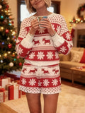 Red and white fair isle reindeer and snowflake Christmas pajama set with long sleeve top and drawstring shorts - view 3