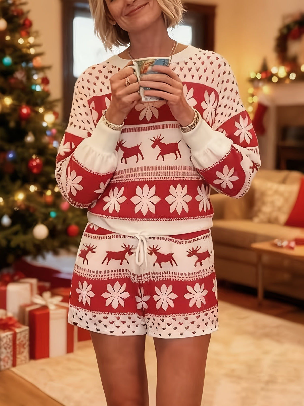 Red and white fair isle reindeer and snowflake Christmas pajama set with long sleeve top and drawstring shorts - view 3