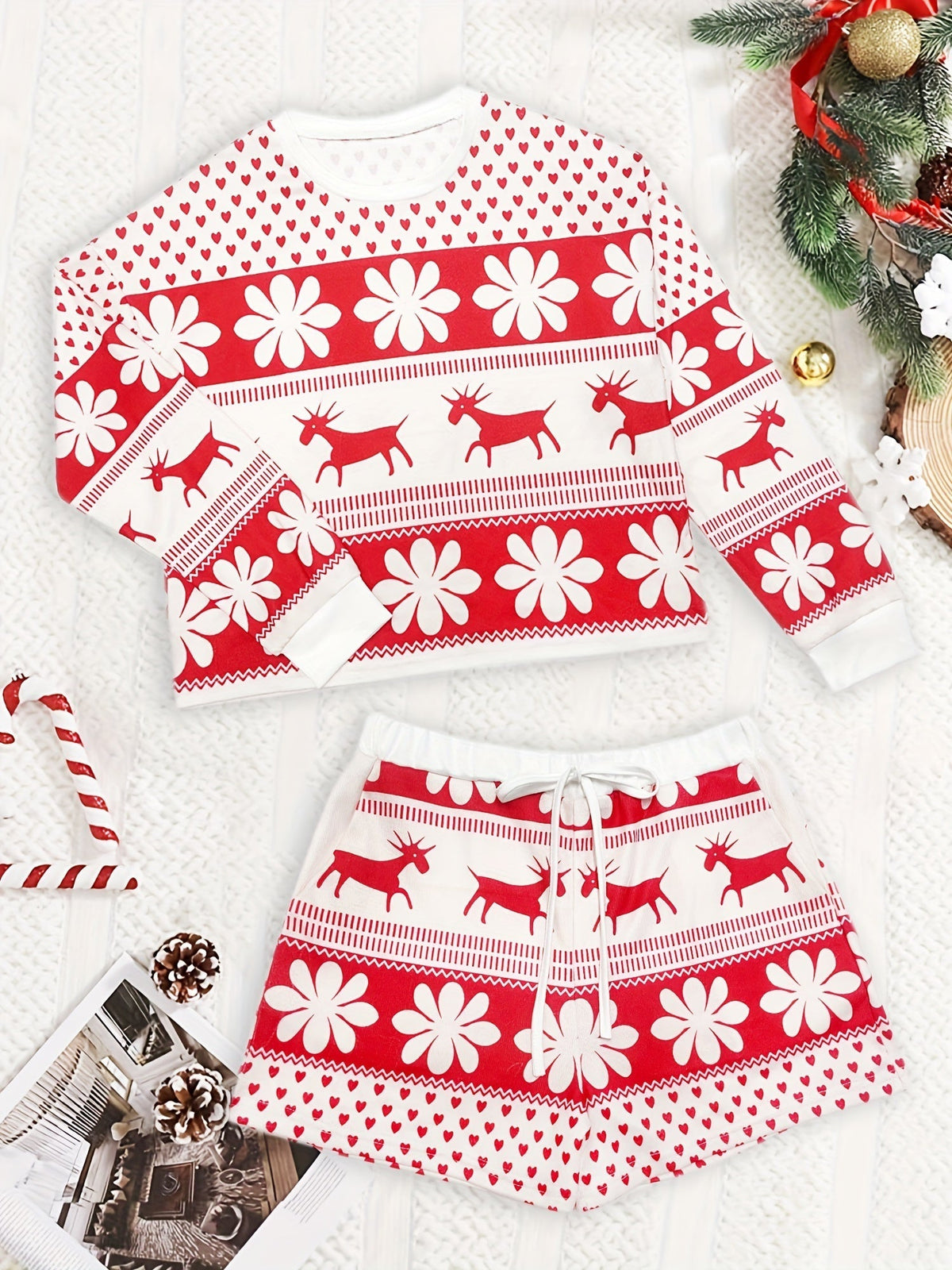 Red and white fair isle reindeer and snowflake Christmas pajama set with long sleeve top and drawstring shorts - view 5