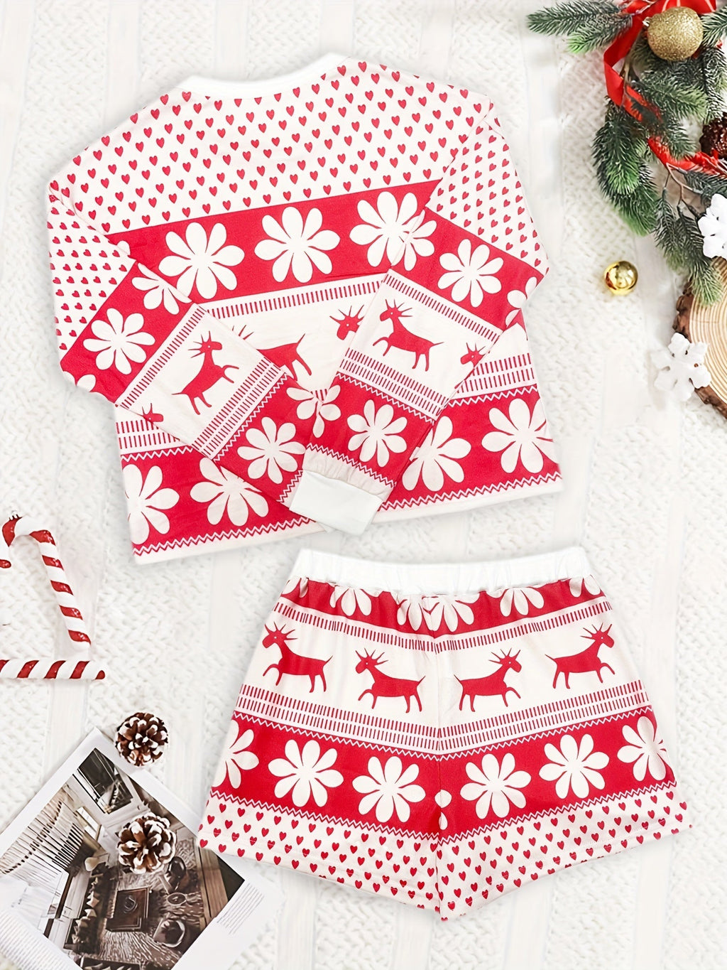 Red and white fair isle reindeer and snowflake Christmas pajama set with long sleeve top and drawstring shorts - view 6