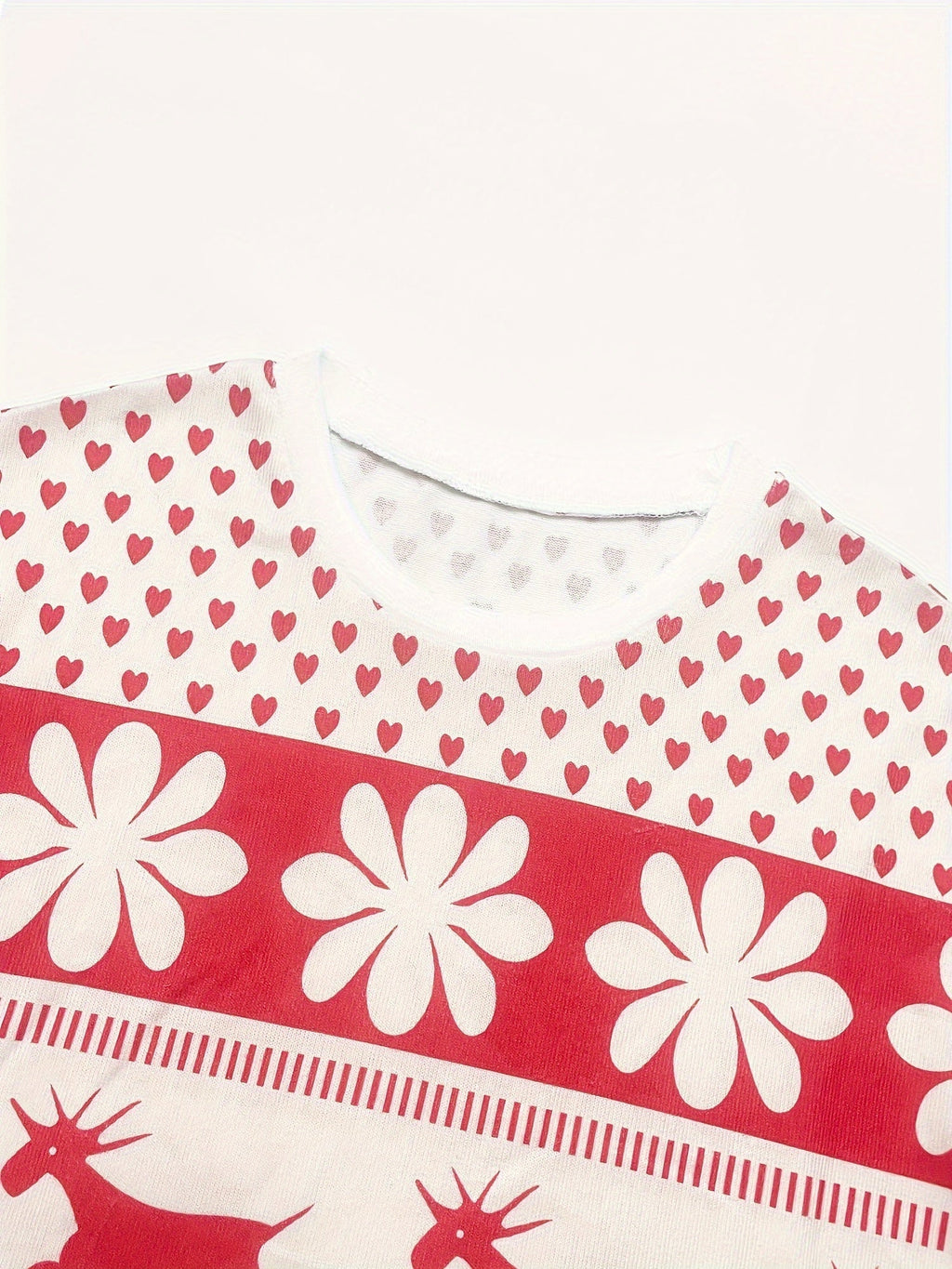 Red and white fair isle reindeer and snowflake Christmas pajama set with long sleeve top and drawstring shorts - view 7