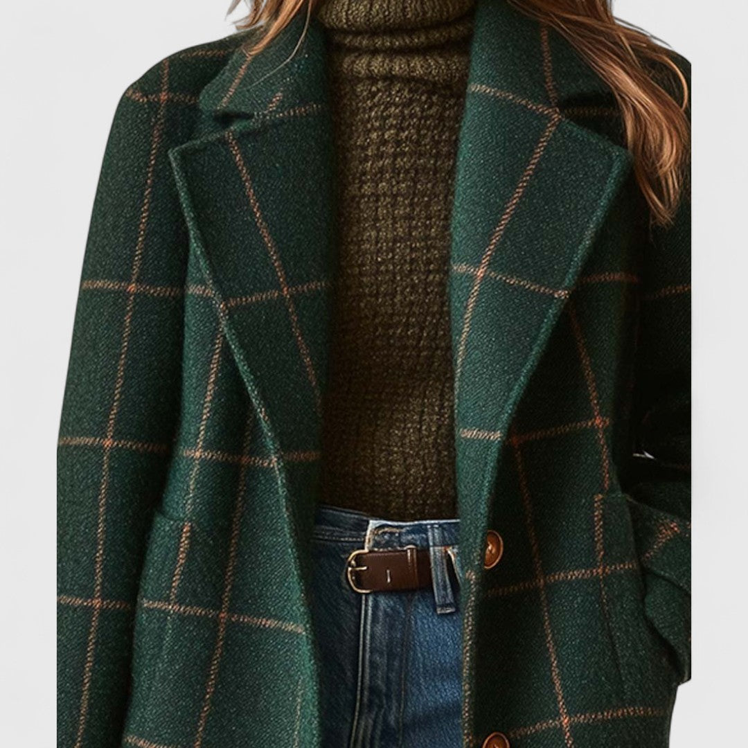 Women's Checked Wool Coat with Notch Lapel and Button Front