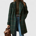 Women's Checked Wool Coat with Notch Lapel and Button Front