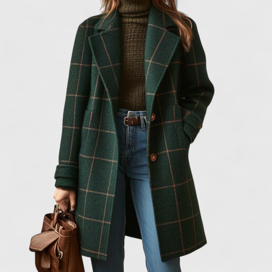 Women's Checked Wool Coat with Notch Lapel and Button Front