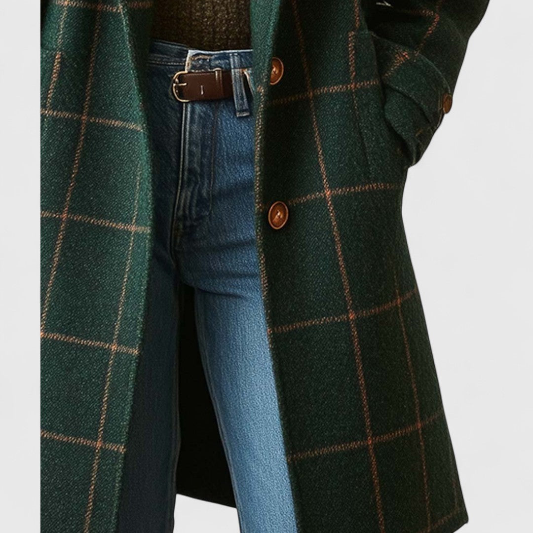 Women's Checked Wool Coat with Notch Lapel and Button Front