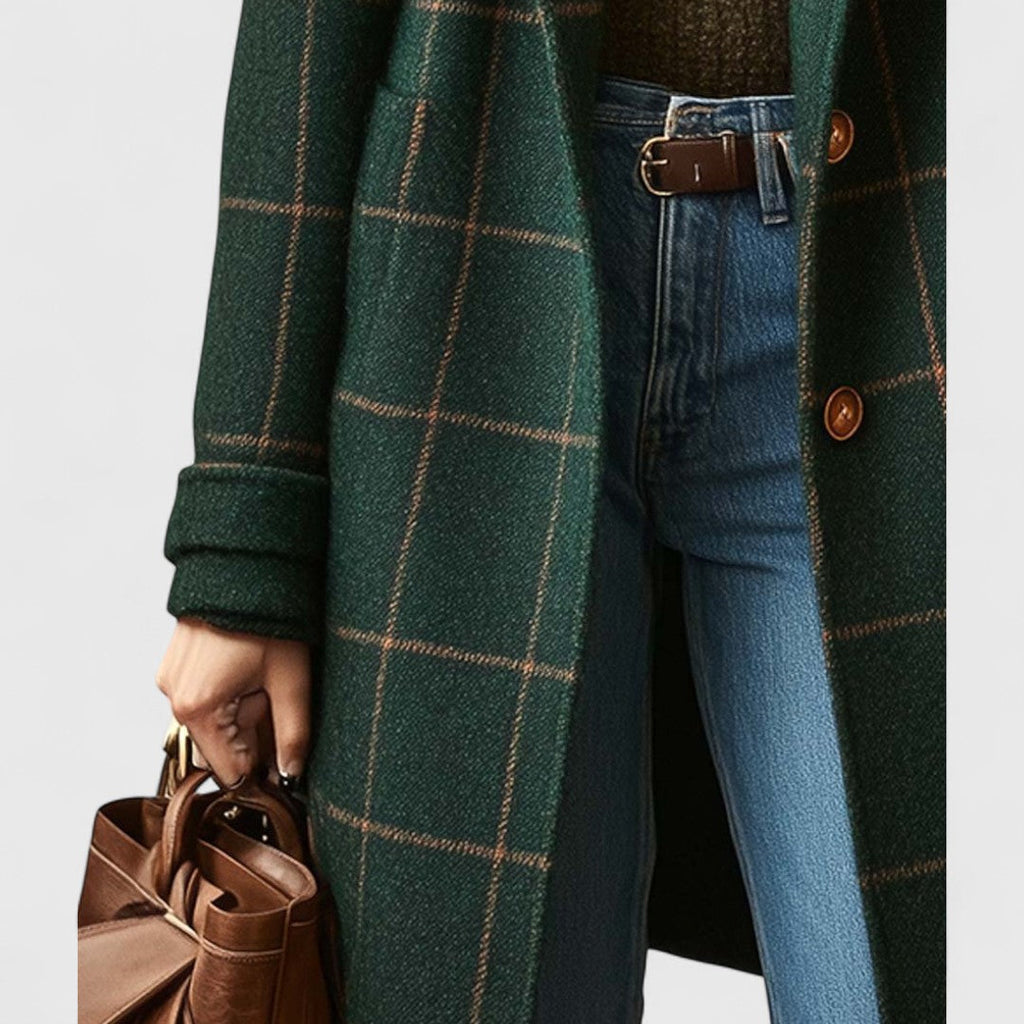 Women's Checked Wool Coat with Notch Lapel and Button Front