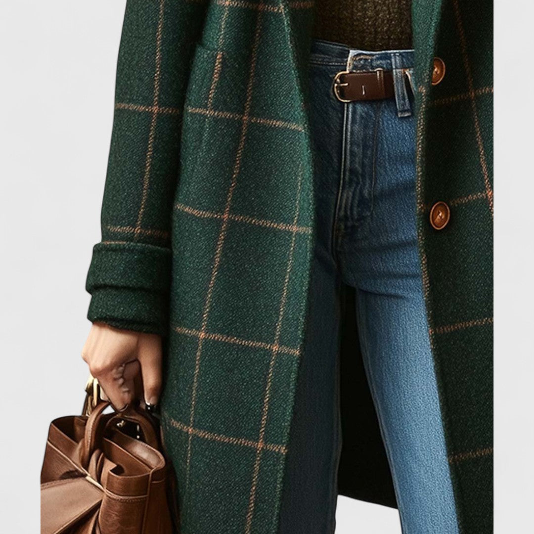 Women's Checked Wool Coat with Notch Lapel and Button Front