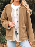 Camel collarless teddy jacket with cream cord trim, button front and patch pockets
