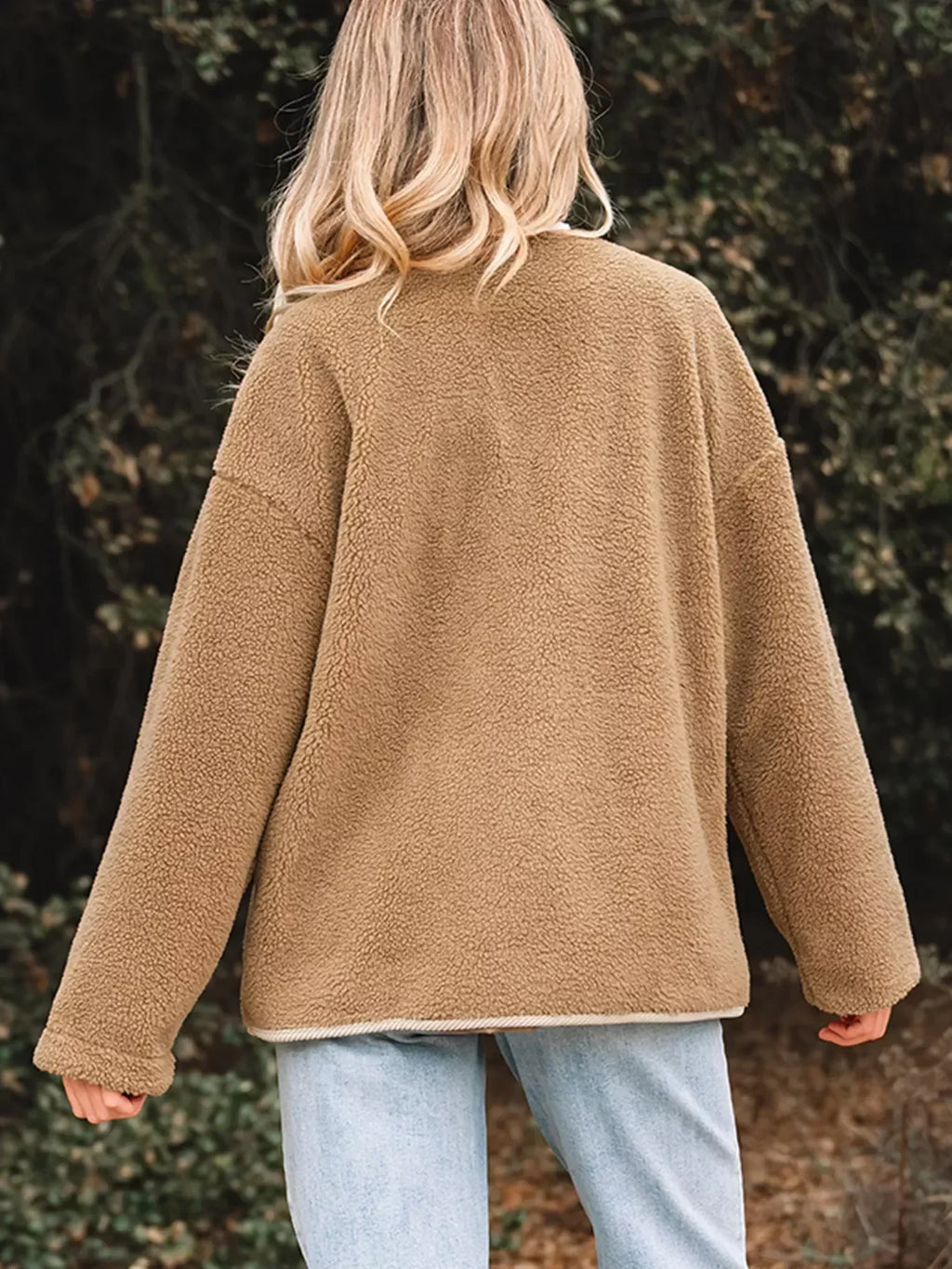 Camel collarless teddy jacket with cream cord trim, button front and patch pockets - view 3