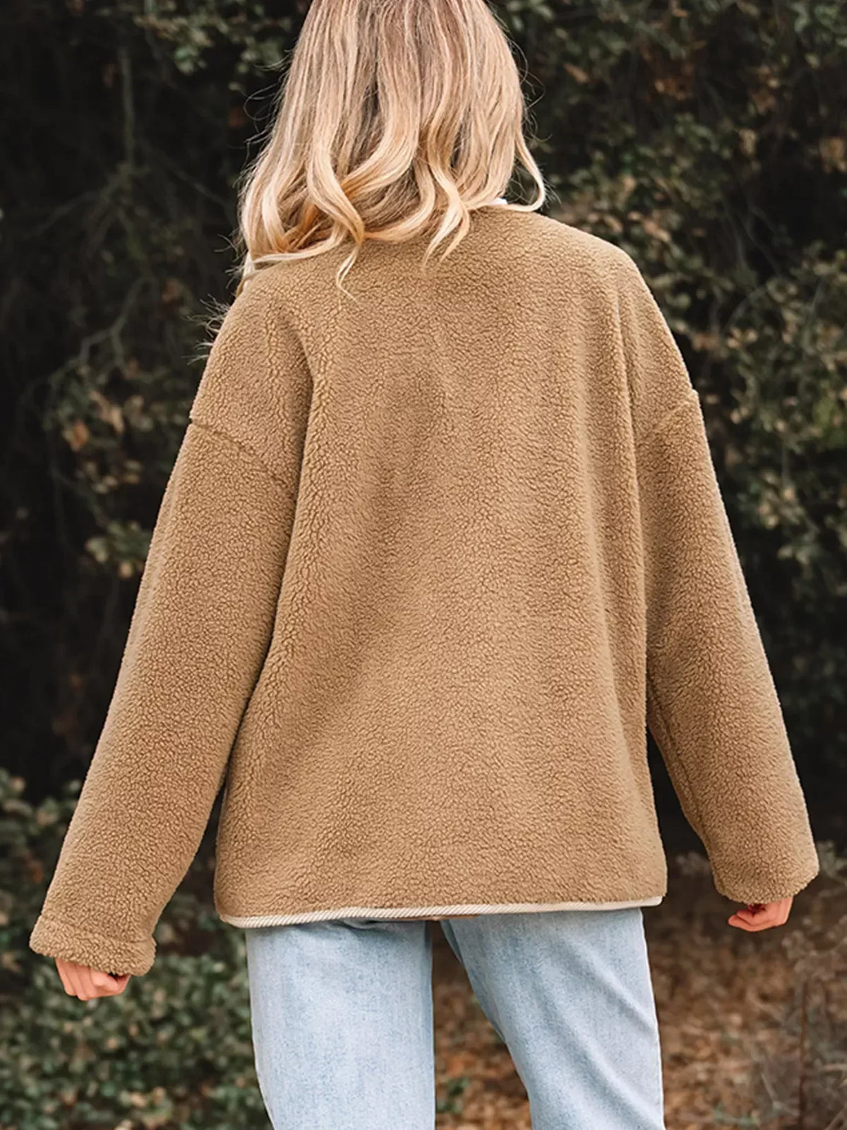 Camel collarless teddy jacket with cream cord trim, button front and patch pockets - view 3