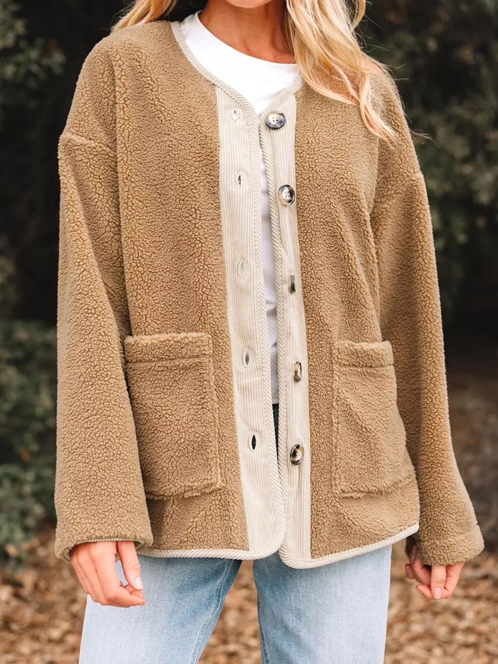 Camel collarless teddy jacket with cream cord trim, button front and patch pockets - view 4