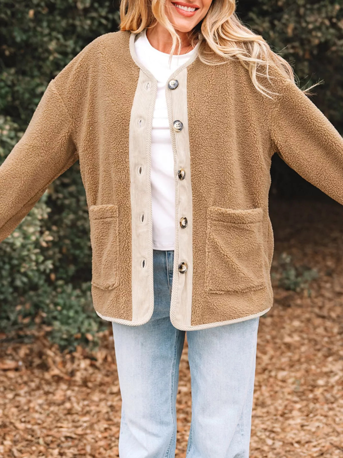 Camel collarless teddy jacket with cream cord trim, button front and patch pockets - view 5