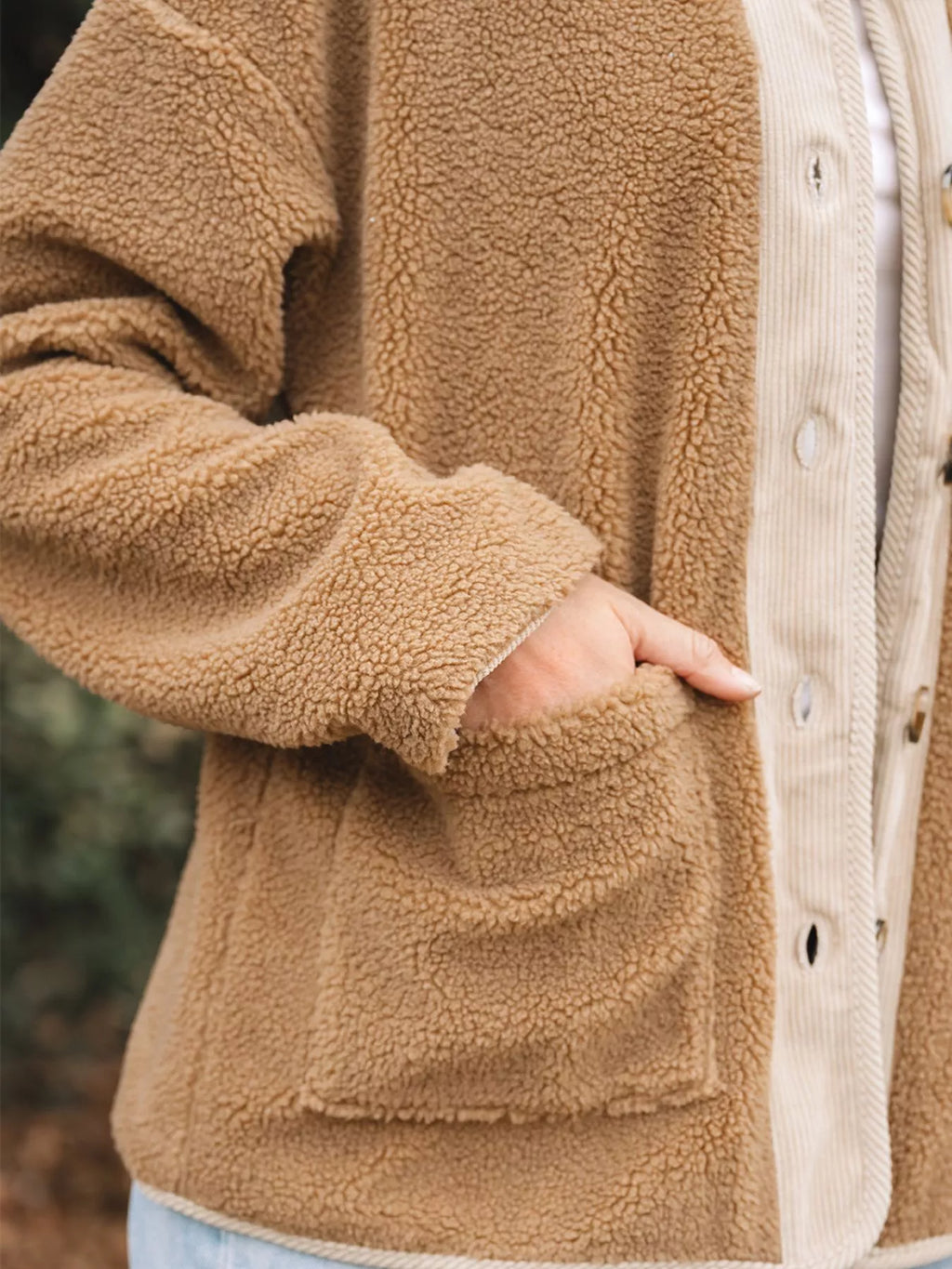 Camel collarless teddy jacket with cream cord trim, button front and patch pockets - view 6