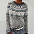 Women's grey Fair Isle yoke knit jumper with crew neck and blue and white snowflake pattern