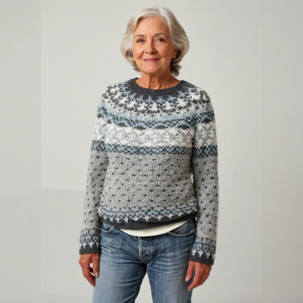 Women's grey Fair Isle yoke knit jumper with crew neck and blue and white snowflake pattern - view 2