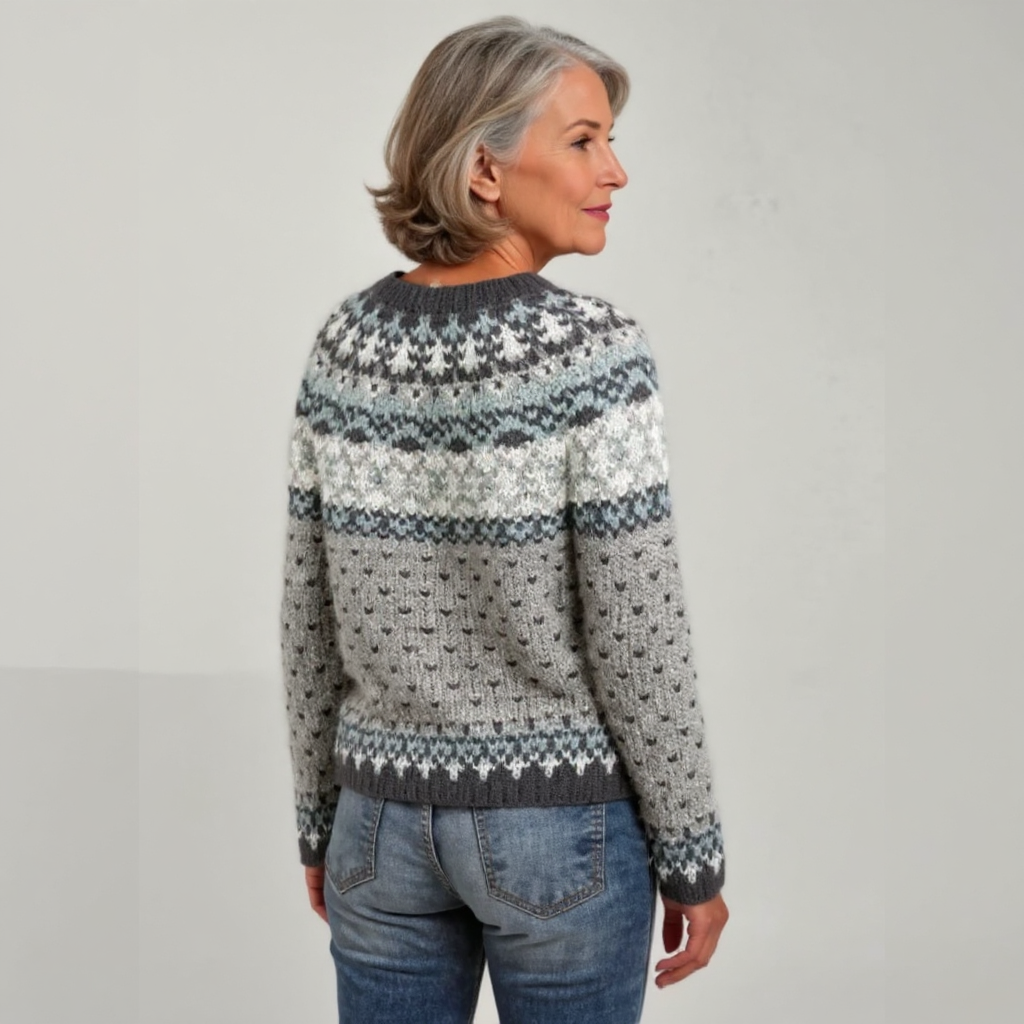 Women's grey Fair Isle yoke knit jumper with crew neck and blue and white snowflake pattern - view 3