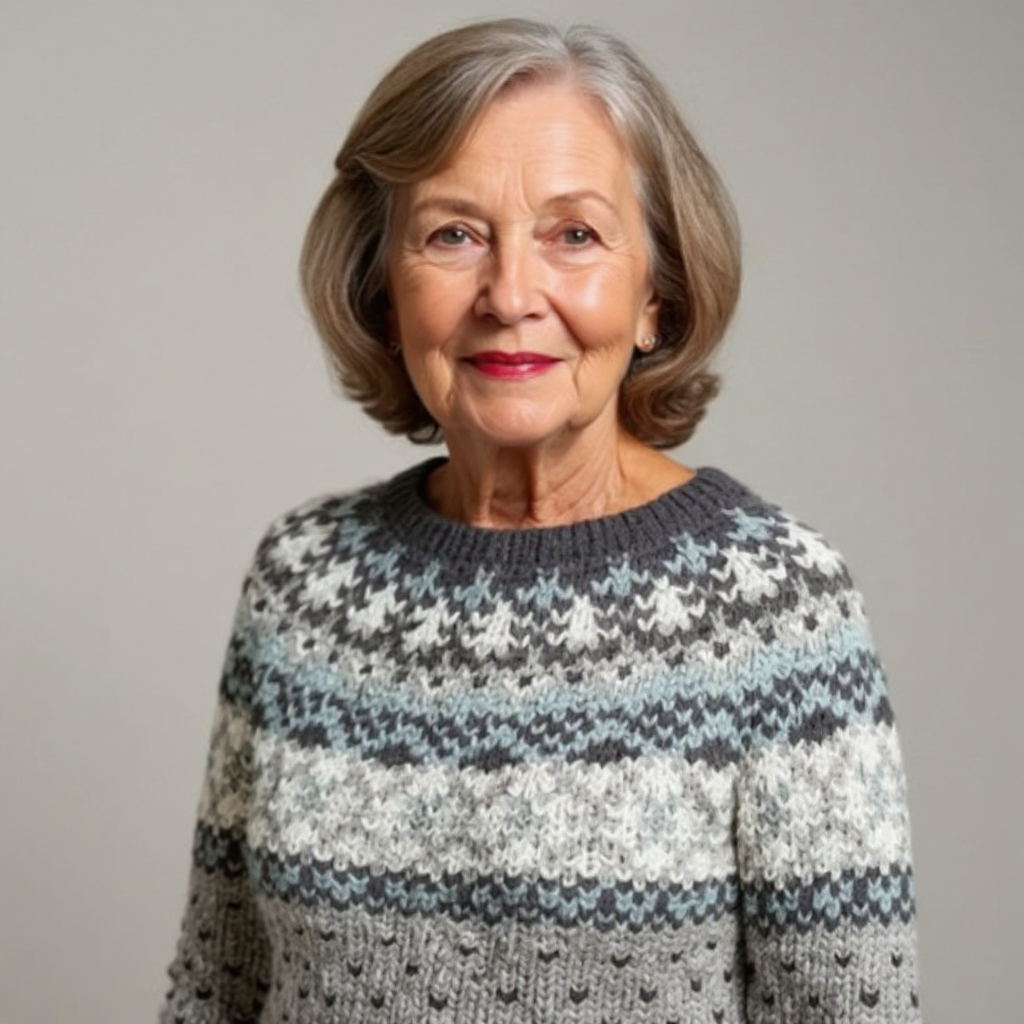 Women's grey Fair Isle yoke knit jumper with crew neck and blue and white snowflake pattern - view 4