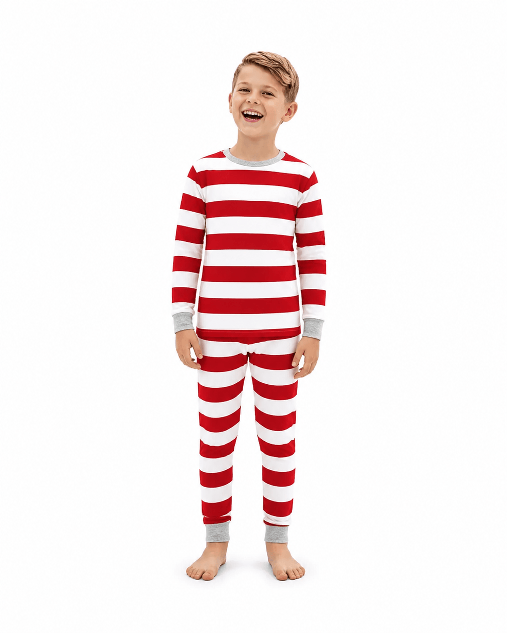 Family wearing matching red and white striped Christmas pyjamas with grey cuffs - view 13